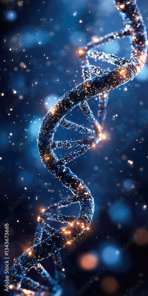 Close-up of glowing dna helix structure with sparkling effects Close-up of glowing dna helix structure with sparkling effects