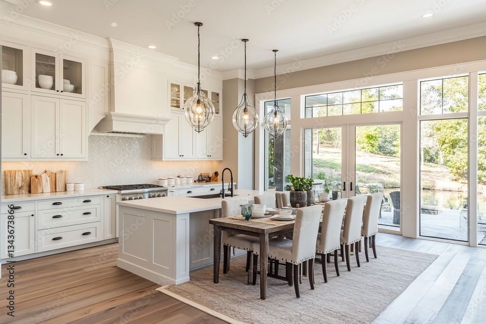 a spacious, bright, and modern kitchen with an inviting dining area. the kitchen features elegant cabinetry, stainless steel appliances, a large island, and a dining table set for a meal a spacious, bright, and modern kitchen with an inviting dining area. the kitchen features elegant cabinetry, stainless steel appliances, a large island, and a dining table set for a meal