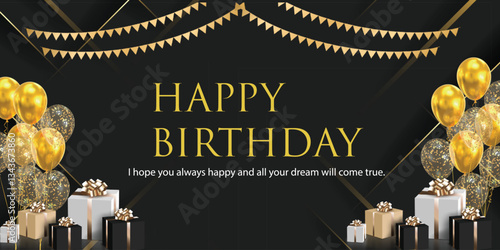 Happy Birthday background design. Happy birthday to you greeting text with elegant gift boxes and gold ribbon birth day party elements for celebration card design.