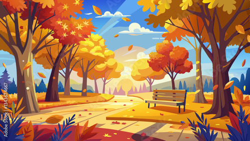 Golden autumn scene in a park, with falling leaves, the sun shining through the trees and blue sky. Colorful foliage in the park, falling leaves natural ..