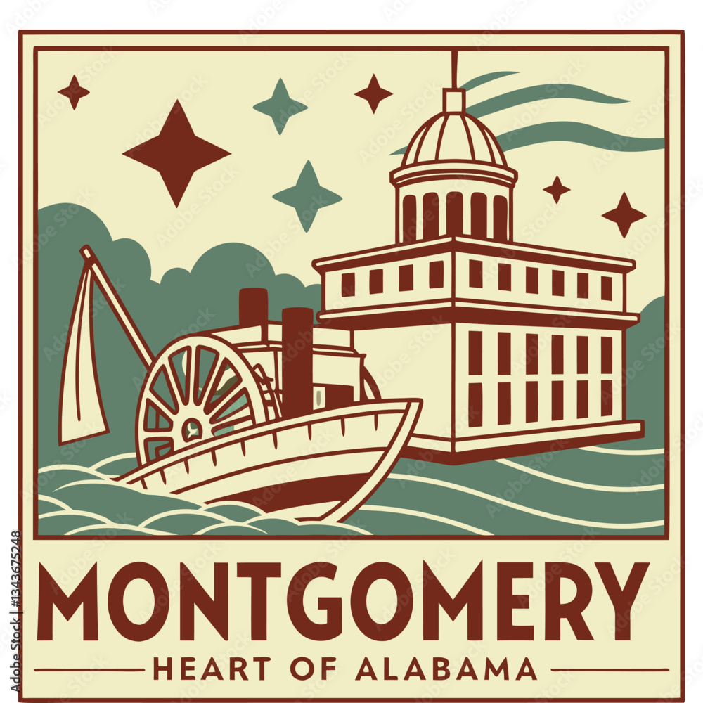Obraz premium Montgomery - Heart of Alabama - Steamboat and Government Building