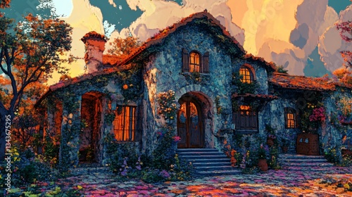 Enchanting Village House in Fantasy Painting Style