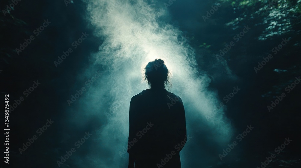 Mysterious Silhouette in Misty Forest Embraced by Ethereal Light Mysterious Silhouette in Misty Forest Embraced by Ethereal Light