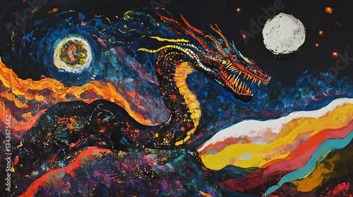 Majestic Dragon in Night Sky - Mystical Creature Fantasy Artwork