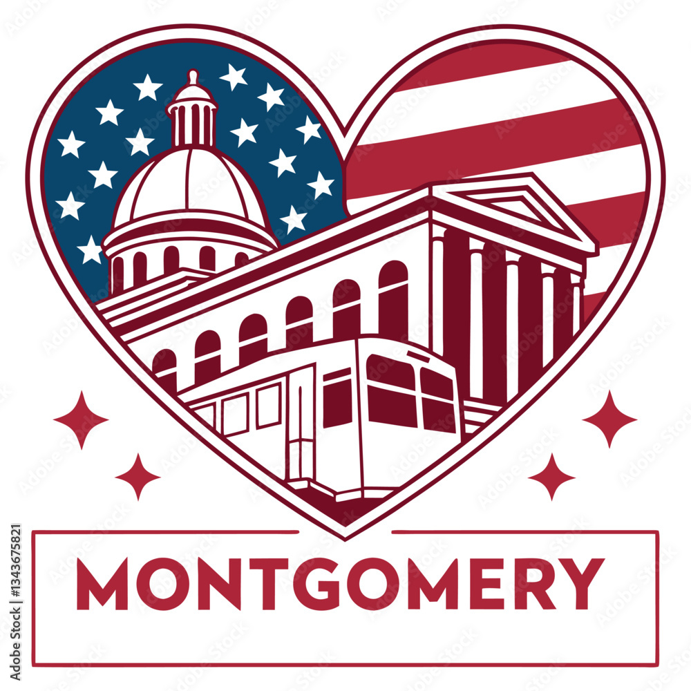 Naklejka premium Montgomery - Birthplace of Change - Heart and Landmark Illustration