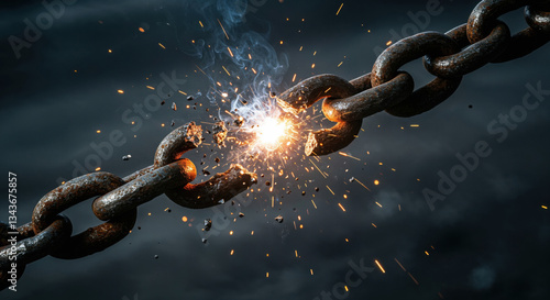 Rusty bold metal chain weakest link breaks apart, sparks, smoke, debris flying. Freedom, strength, weakness, resistance, rebellion, breaking barriers concept. High-speed photography, dramatic close-up