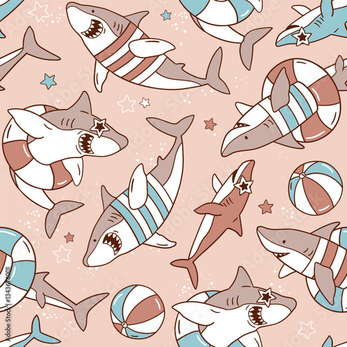 Seamless vector pattern with cute sharks and pool floats. Hand drawn summer holiday background. Exotic underwater sealife illustration. Perfect for textile, wallpaper or print. EPS10 vector file.