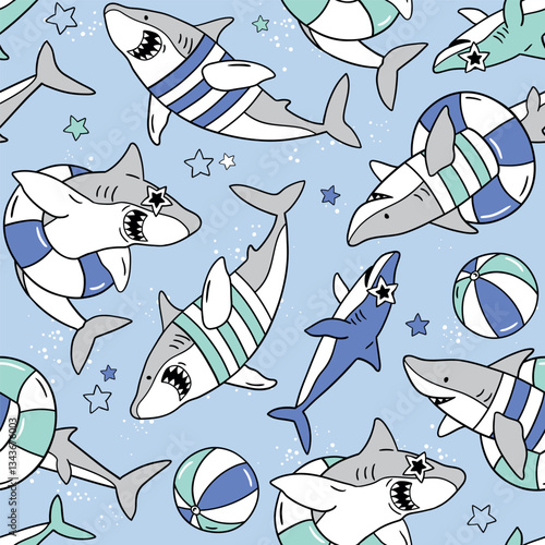 Seamless vector pattern with cute sharks and pool floats. Hand drawn summer holiday background. Exotic underwater sealife illustration. Perfect for textile, wallpaper or print. EPS10 vector file.