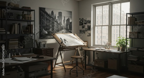 Wallpaper Mural Drawing Studio Interior with Vintage Drafting Table and City Artwork Torontodigital.ca