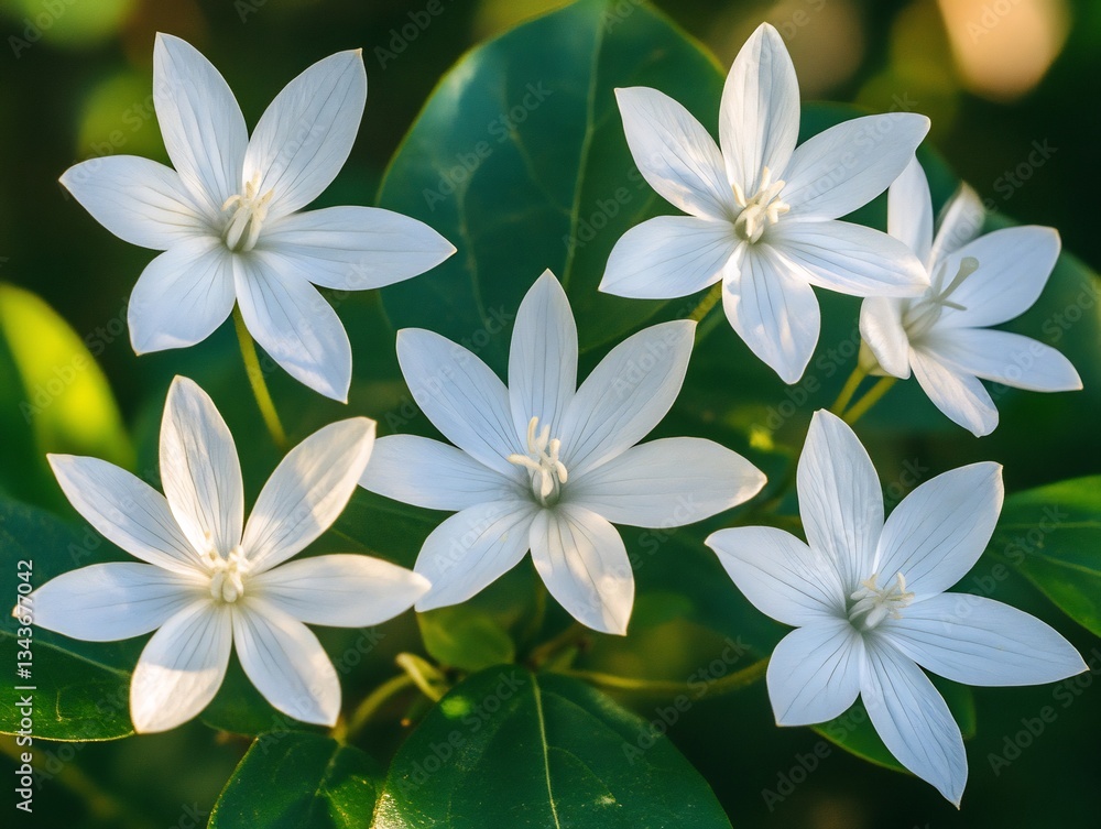 Naklejka premium Soft light illuminates five pristine white flowers delicately arranged. AI Generated