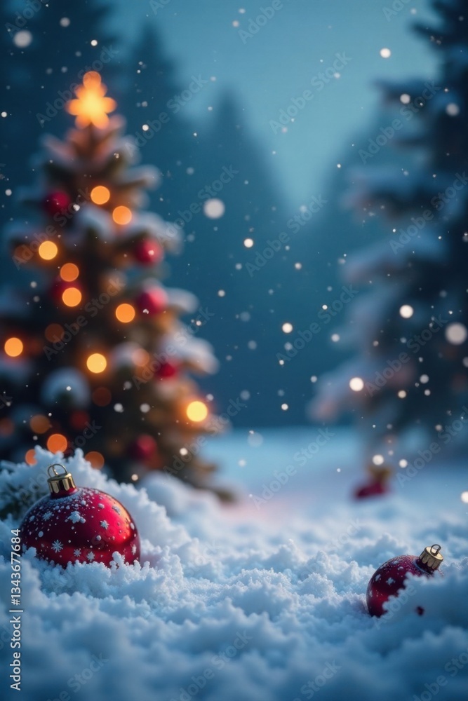 Snowflakes gently fall on a festive holiday scene, cozy, christmas decorations, holly Snowflakes gently fall on a festive holiday scene, cozy, christmas decorations, holly