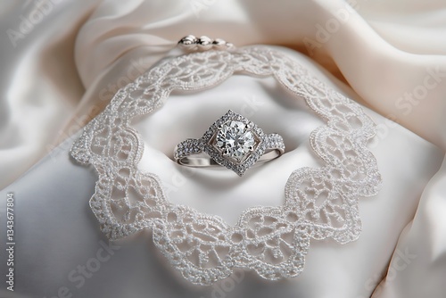 A luxe portrait of an intricate lace-pattern diamond ring with a coordinating lace-pattern necklace, both on a white silk pillow.