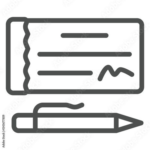 Checkbook paper bill and pen line icon, bank account concept. Vector graphics. Check with person identity signature sign on white background, outline style icon for mobile or web design.