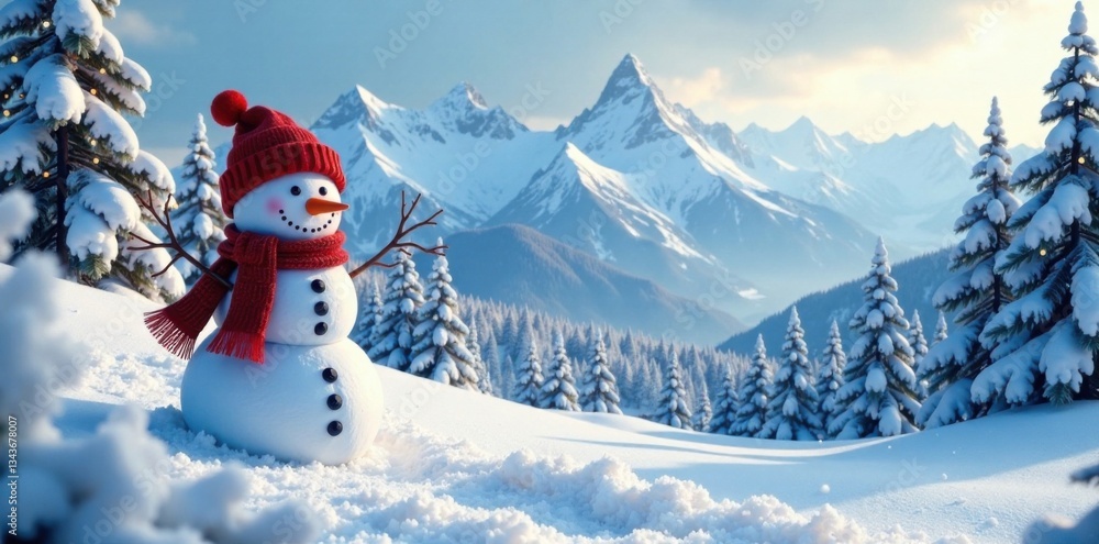 Fototapeta premium snowman in winter scenery with snow-covered trees and mountains, winter wonderland, snowy landscape