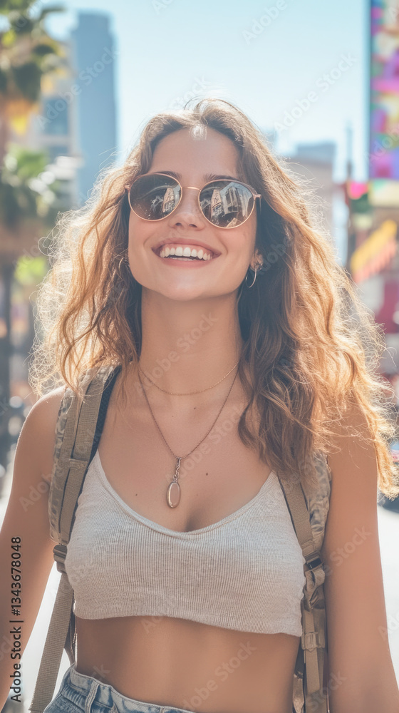 Smiling young caucasian female enjoying sunny urban outdoors in stylish attire Smiling young caucasian female enjoying sunny urban outdoors in stylish attire