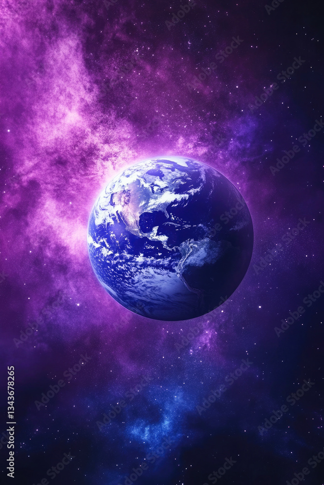 Naklejka premium Vibrant earth in cosmic purple nebula with starry sky