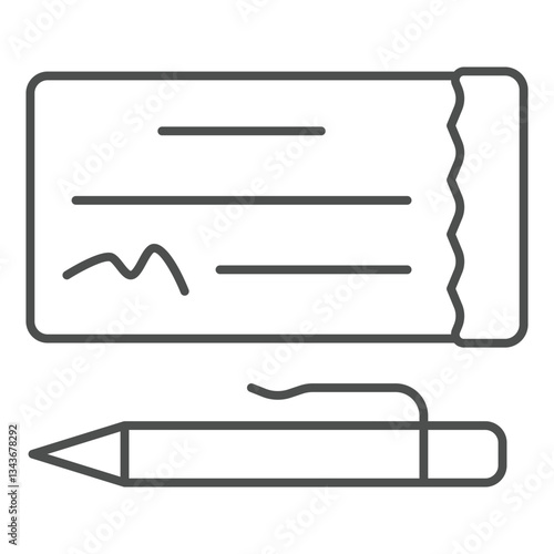 Checkbook paper bill and pen thin line icon, bank account concept. Vector graphics. Check with person identity signature sign on white background, outline style icon for mobile or web design.