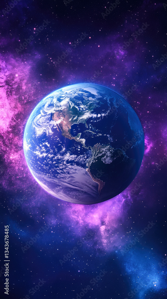 Naklejka premium Stunning view of earth in space with vivid purple nebula and stars