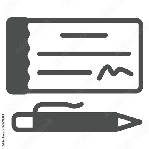 Checkbook paper bill and pen solid icon, bank account concept. Vector graphics. Check with person identity signature sign on white background, glyph style icon for mobile or web design.