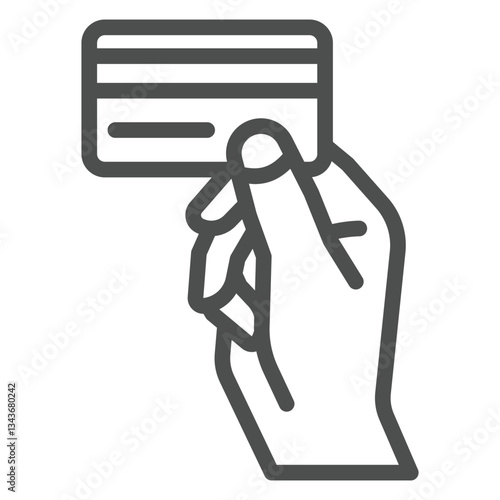 Hand holding credit card line icon, bank account concept. Vector graphics. Plastic money card with chip sign on white background, outline style icon for mobile or web design.