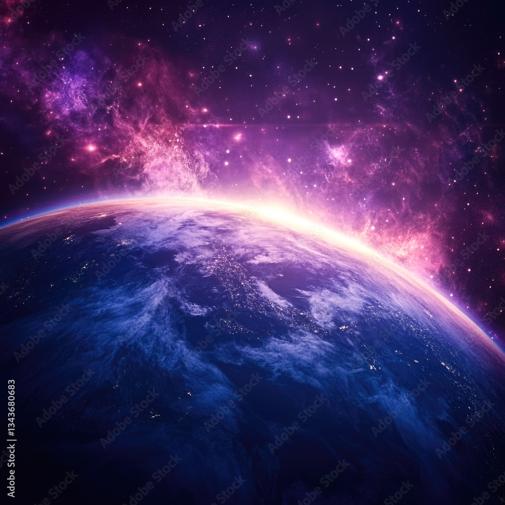 Fototapeta premium Breathtaking cosmic view of earth with glowing galaxy and stars at dawn
