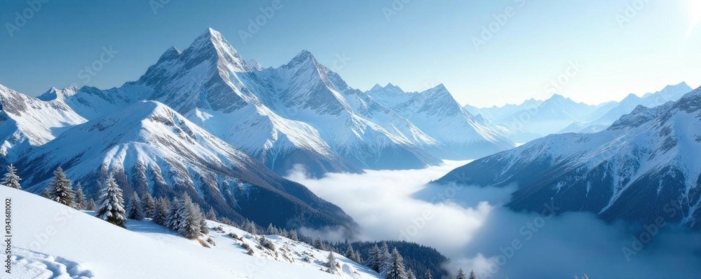Obraz premium Snowy mountain range with towering peaks and misty valley, towerin peaks, icy mountains, wintery peaks