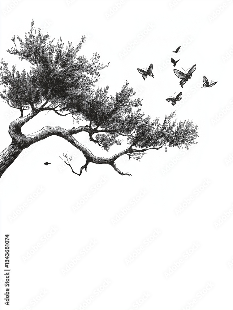 Fototapeta premium Black-and-white eco-conscious postcard with a detailed sketch of a majestic tree, butterflies, and birds, in a minimalist ink style, with space for text and a vintage, timeless feel.