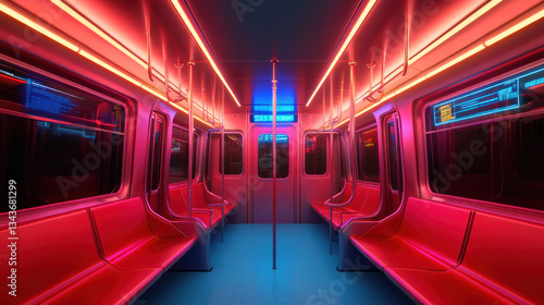 A red subway car with neon lights and a sign on the wall. The interior is empty and the lights are on