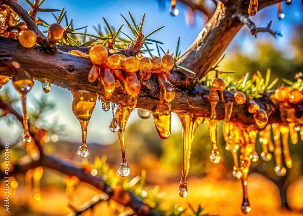 African Thorn Tree Sap Dripping, Acacia Gummosis, Natural Resin, Desert Plant, Sticky Tree Gum