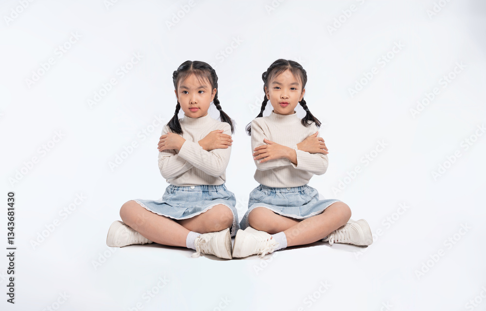 Twin girls sit cross-legged in matching outfits, radiating a sense of unity and quiet confidence. Twin girls sit cross-legged in matching outfits, radiating a sense of unity and quiet confidence.