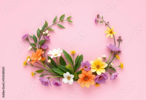 Pastel pink background, spring flowers & leaves arranged in egg shape Minimal Easter design, botanical, illustration