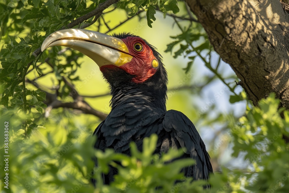 Naklejka premium Black hornbill with red head and yellow beak