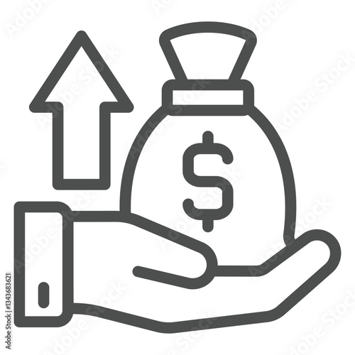 Money bag with arrow on hand line icon, bank account concept. Vector graphics. Dollar deposit portfolio growth sign on white background, outline style icon for mobile or web design.
