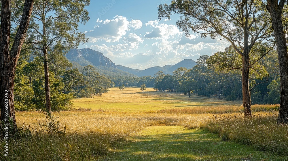 Serene landscape featuring a golden meadow surrounded by lush trees and mountains Serene landscape featuring a golden meadow surrounded by lush trees and mountains