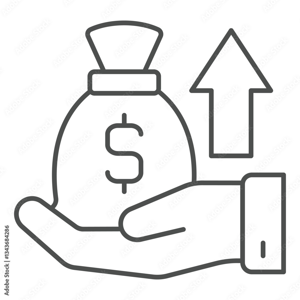 Money bag with arrow on hand thin line icon, bank account concept. Vector graphics. Dollar deposit portfolio growth sign on white background, outline style icon for mobile or web design. Money bag with arrow on hand thin line icon, bank account concept. Vector graphics. Dollar deposit portfolio growth sign on white background, outline style icon for mobile or web design.