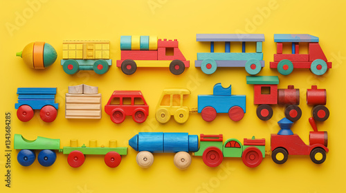 Set of colorful wooden kids toys including cars, trains, and building blocks on a yellow background.