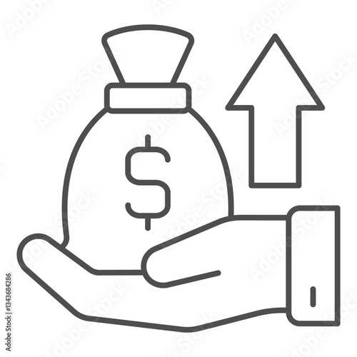 Money bag with arrow on hand thin line icon, bank account concept. Vector graphics. Dollar deposit portfolio growth sign on white background, outline style icon for mobile or web design.