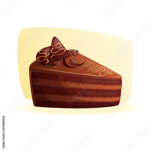 A piece of chocolate sponge cake on a yellow background. The concept of pastry shop, baking, holiday, birthday. Isolated vector illustration for the design of postcards, posters, banners and posters.