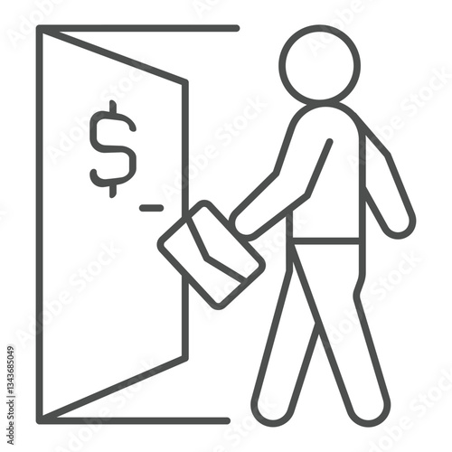 Man with briefcase at entrance door thin line icon, bank account concept. Vector graphics. Business client with portfolio sign on white background, outline style icon for mobile or web design.