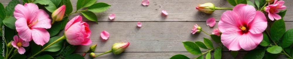 Soft pink petal arrangement amidst lush greenery on a natural woodgrain background, outdoor, garden Soft pink petal arrangement amidst lush greenery on a natural woodgrain background, outdoor, garden