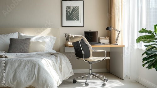 Serene Bedroom Office Workspace: Minimalist Design with Natural Light