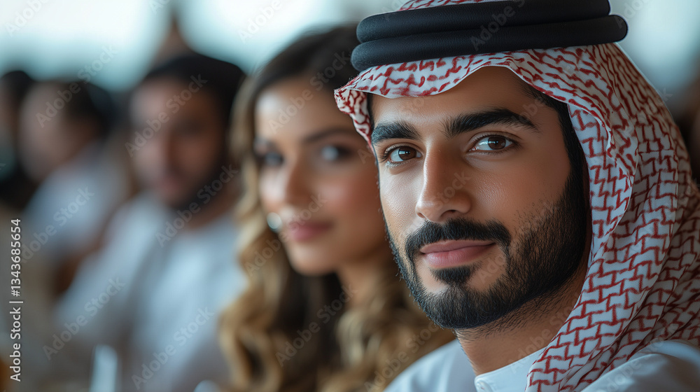 Man in Traditional Middle Eastern Attire at Cultural Gathering with Smiling Woman Man in Traditional Middle Eastern Attire at Cultural Gathering with Smiling Woman