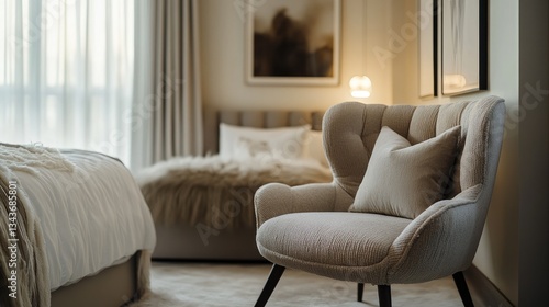 Serene Bedroom Interior: Beige Armchair and Cozy Bed