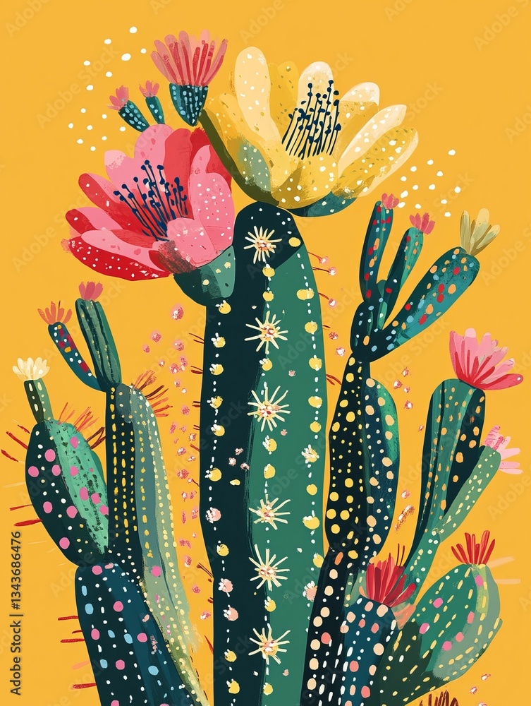 Fototapeta premium Blooming cacti on golden yellow background.