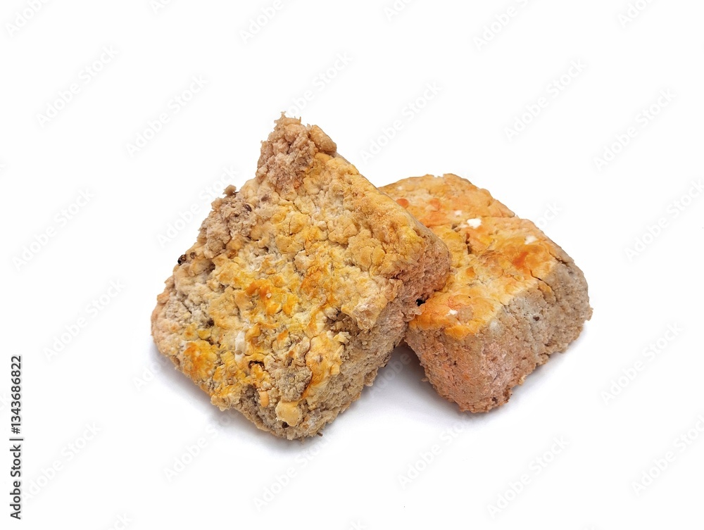 Oncom or Indonesian traditional food made from fermented tofu dregs isolated on white background Oncom or Indonesian traditional food made from fermented tofu dregs isolated on white background