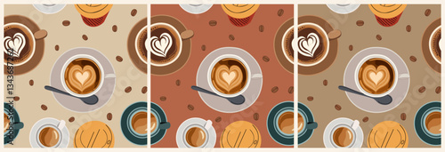 Seamless coffee pattern with top view cups of cappuccino, latte, espresso, and take-away coffee, plus beans on different beige, brown backgrounds. Perfect for cafe branding, packaging, and textiles.