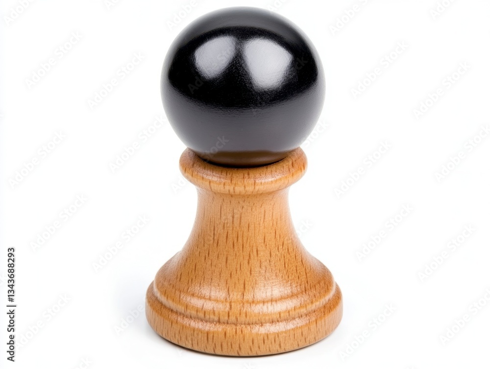 Close up of a black chess piece with a wooden base against a white background. The sphere is glossy and reflects light. Close up of a black chess piece with a wooden base against a white background. The sphere is glossy and reflects light.