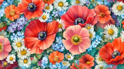 Wallpaper Mural Vibrant Floral Tapestry: A Symphony of Poppies and Daisies Torontodigital.ca