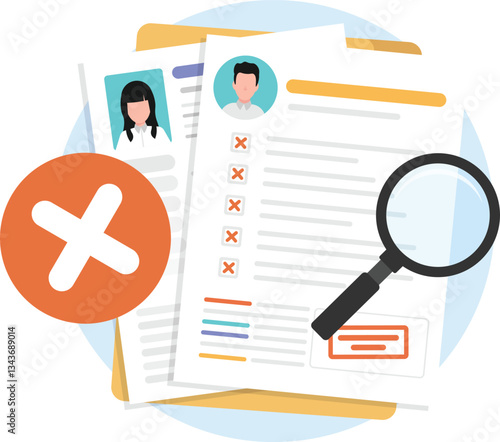 Resume document with wrong icon and magnifying glass.