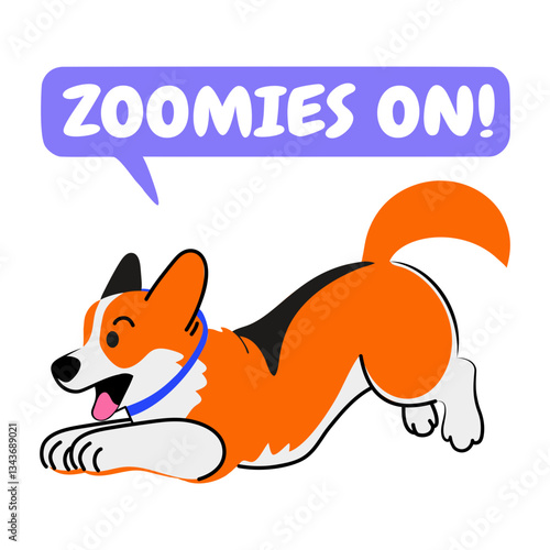 A flat sticker of an energetic dog with zoomies on typography
